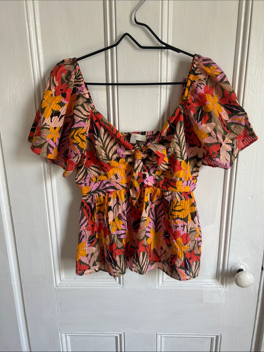 Floral Puff-Sleeve Peplum Top in Pink and Yellow